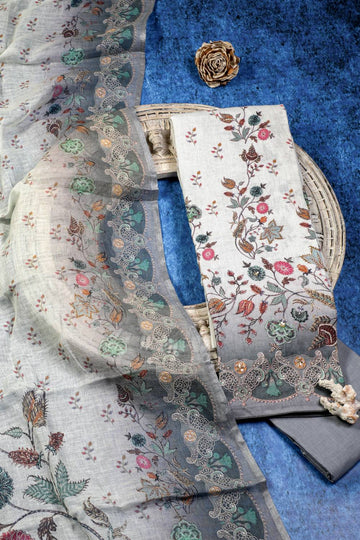 Purely Linen Rich Embroidered Cloudy Grey Unstitched Suit Set Geetha Creation